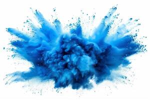 AI generated A dynamic and vibrant explosion of blue powder creating an abstract cloud, isolated on a white background, evoking a sense of motion and energy. photo