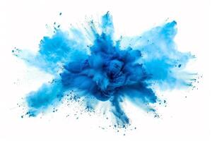 AI generated A dynamic and vibrant explosion of blue powder creating an abstract cloud, isolated on a white background, evoking a sense of motion and energy. photo