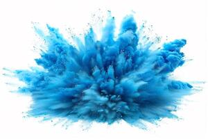 AI generated A dynamic and vibrant explosion of blue powder creating an abstract cloud, isolated on a white background, evoking a sense of motion and energy. photo