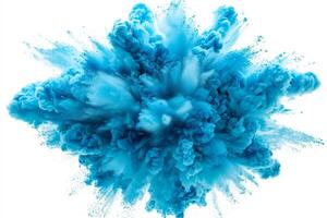 AI generated A dynamic and vibrant explosion of blue powder creating an abstract cloud, isolated on a white background, evoking a sense of motion and energy. photo