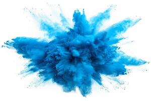 AI generated A dynamic and vibrant explosion of blue powder creating an abstract cloud, isolated on a white background, evoking a sense of motion and energy. photo