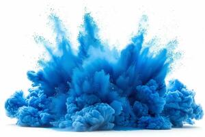 AI generated A dynamic and vibrant explosion of blue powder creating an abstract cloud, isolated on a white background, evoking a sense of motion and energy. photo