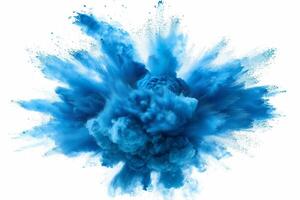 AI generated A dynamic and vibrant explosion of blue powder creating an abstract cloud, isolated on a white background, evoking a sense of motion and energy. photo