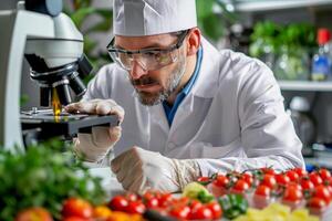 AI generated Expert inspecting specimens test food quality control of groceries in the laboratory. photo