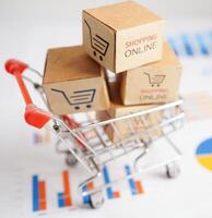 Online shopping, Shopping cart box on business graph, import export, finance commerce. photo