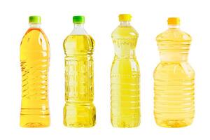 Vegetable oil plastic bottle isolated on white background, organic healthy food for cooking. photo