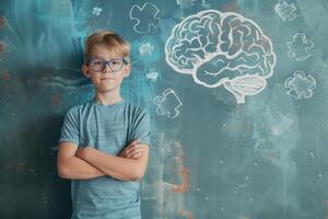 AI generated Cute boy wearing glasses standing with brain sketch drawn puzzle geometric, bright clever creative thinking. photo