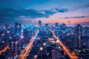 AI generated Network smart modern city, wireless connection to communication in city world, social media technology. photo