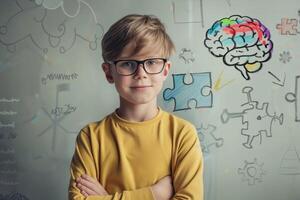 AI generated Cute boy wearing glasses standing with brain sketch drawn puzzle geometric, bright clever creative thinking. photo