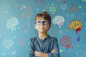 AI generated Cute boy wearing glasses standing with brain sketch drawn puzzle geometric, bright clever creative thinking. photo