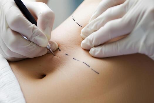 AI generated doctor do the surgery line on the belly with generative ai photo