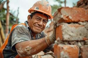 ai generado un construcción trabajador felizmente tendido ladrillos y cuidadosamente alineando ellos a construir un robusto pared tomando orgullo en artesanía foto