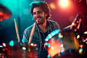 AI generated male drummer playing the drums in the concert bokeh style background with generative ai photo