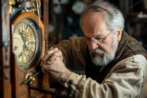 AI generated A clock repairman repairing an antique clock emphasizing clock repair expertise photo