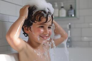 AI generated young boy kid washing his hair photo