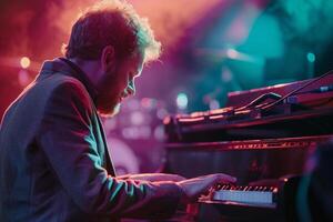 ai generado masculino teclado jugador jugando el teclado en el concierto bokeh estilo antecedentes con generativo ai foto