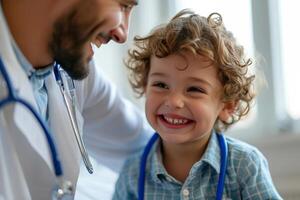 ai generado médico con pequeño chico niño sonriente bokeh estilo antecedentes con generativo ai foto