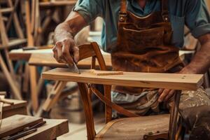 ai generado un carpintero reparando un de madera silla ilustrando carpintería habilidades foto