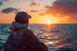 AI generated A sailor peacefully enjoying a moment of solitude at sunrise gazing out over the tranquil ocean horizon with a sense of serenity and adventure photo