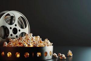 AI generated Film Reel and Popcorn in the concept of movie night or entertainment photo