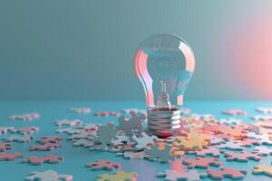 AI generated Puzzle Pieces and Light Bulb in the concept of solving creative problems photo