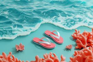 AI generated sandal and 3d elements on the beach background with generative ai photo