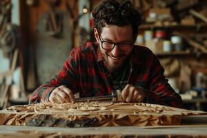 AI generated An entrepreneur smiling while using woodworking tools to carve intricate designs into a piece of reclaimed wood photo