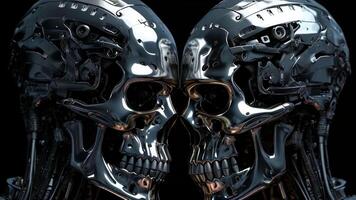 AI generated Two metallic shiny iron futuristic hi-tech skulls of cyborg robots looking at each other on a black background video