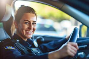 AI generated female police driving in the car bokeh style background with generative ai photo