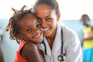 ai generado africano médico con africano pequeño niña niño sonriente bokeh estilo antecedentes con generativo ai foto