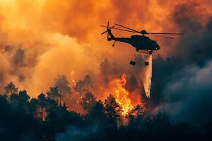 AI generated Helicopters are extinguishing forest fires with generative ai photo