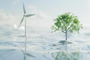 AI generated Tree and Wind Turbine in the concept of renewable energy or sustainability photo