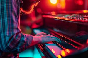 ai generado masculino teclado jugador jugando el teclado en el concierto bokeh estilo antecedentes con generativo ai foto