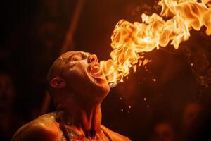 AI generated A fire eater bravely swallowing flames and breathing fire into the air mesmerizing the audience with daring feats of courage photo