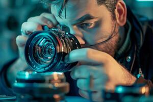 AI generated A camera technician repairing a camera lens highlighting camera repair expertise photo