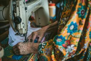 AI generated A DIY enthusiast happily sewing and stitching fabric to create unique clothing designs in a cheerful sewing room photo