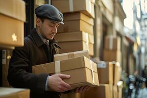 AI generated A courier in stylish attire making special deliveries to the doorstep emphasizing the importance of delivering in pristine condition photo