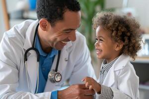 AI generated doctor with little boy kid smiling bokeh style background with generative ai photo