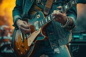 AI generated male guitarist playing electric guitar in the concert bokeh style background with generative ai photo