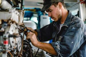 AI generated A boat repairman fixing a boat engine showcasing marine repair skills photo