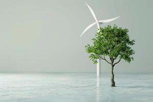 AI generated Tree and Wind Turbine in the concept of renewable energy or sustainability photo