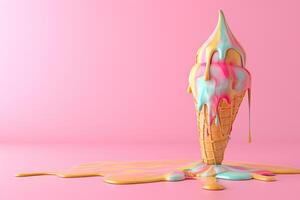 AI generated 3d ice cream melting on pink background with generative ai photo