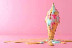 AI generated 3d ice cream melting on pink background with generative ai photo