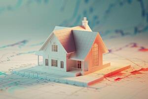 AI generated real estate concept house in front of trade graph 3d model  elements on bokeh style background with generative ai photo