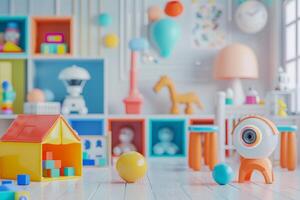 AI generated Children Playroom and CCTV Camera in the concept of child care and safety at home photo