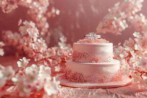 AI generated Diamond Ring and Wedding Cake in the concept of weddings and celebrations photo