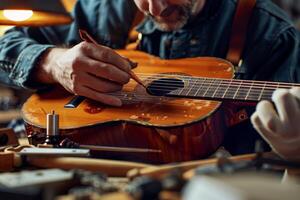 AI generated A musical instrument repair technician fixing a guitar showcasing instrument repair skills photo
