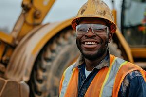 ai generado un construcción trabajador sonriente mientras operando pesado maquinaria a moverse materiales alrededor el construcción sitio exhibiendo habilidad y eficiencia foto