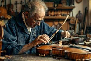 AI generated A violin repairman fixing a violin bridge highlighting violin repair skills photo