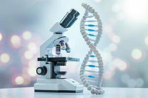 AI generated Microscope and DNA Strand in the concept of genetics or scientific research photo